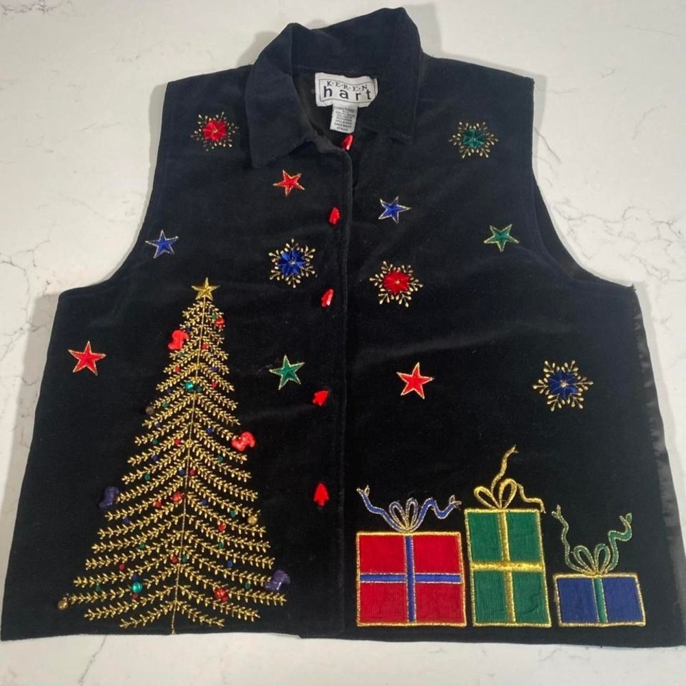 Vintage 90s/00s Keren Hart embroidered  velvet Christmas vest Large‎